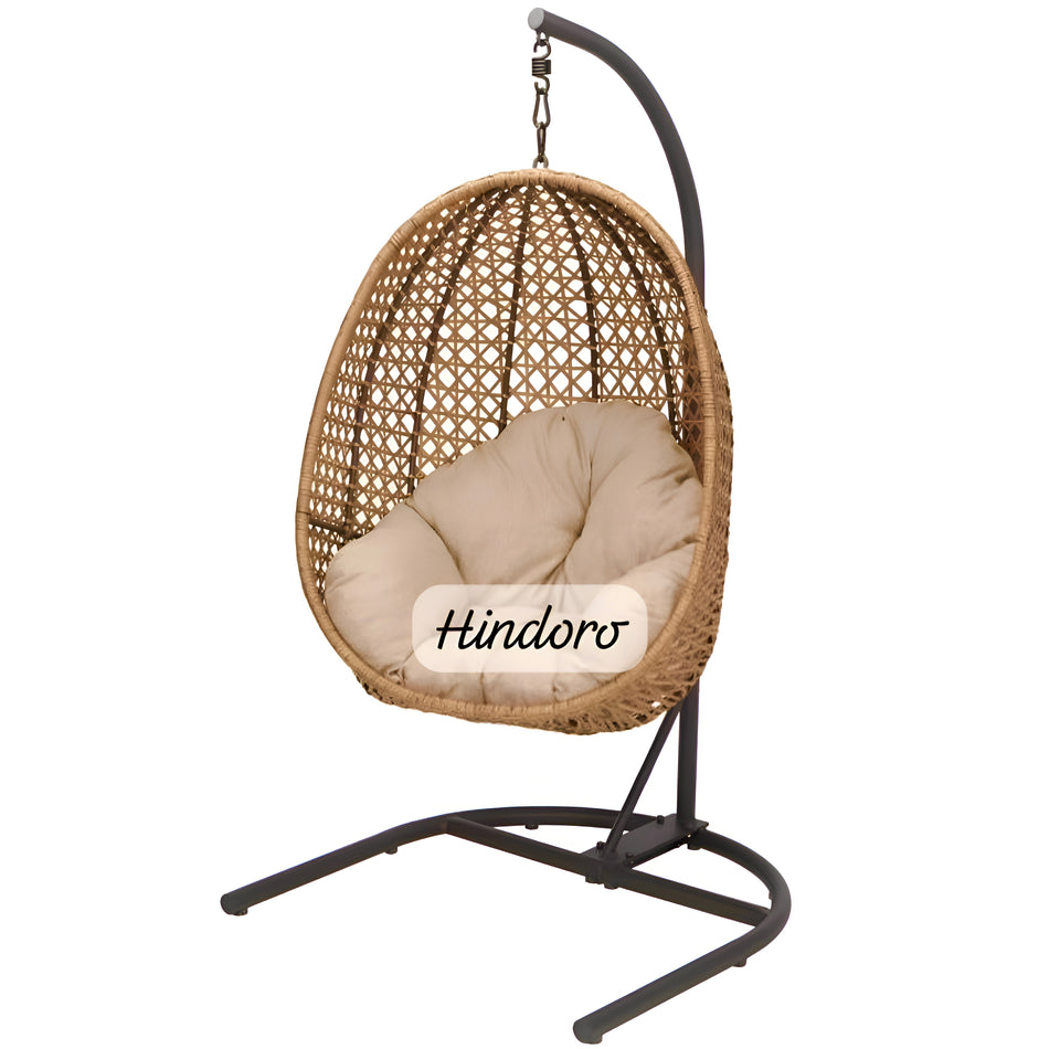 Hindoro Rattan Wicker Wrought Iron Hanging Hammock Single Seater Egg Swing Chair with Stand & Cushion || Outdoor/Indoor/Balcony/Garden/Patio/Living Outdoor Furniture (Beige)