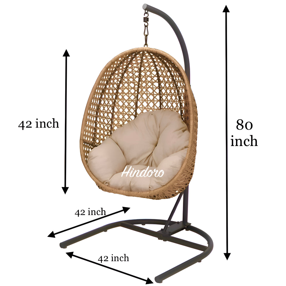 Hindoro Rattan Wicker Wrought Iron Hanging Hammock Single Seater Egg Swing Chair with Stand & Cushion || Outdoor/Indoor/Balcony/Garden/Patio/Living Outdoor Furniture (Beige)