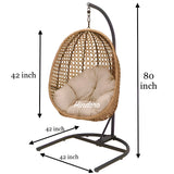 Hindoro Rattan Wicker Wrought Iron Hanging Hammock Single Seater Egg Swing Chair with Stand & Cushion || Outdoor/Indoor/Balcony/Garden/Patio/Living Outdoor Furniture (Beige)