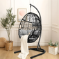 Hindoro Rattan Wicker Wrought Iron Hanging Hammock Single Seater Egg Swing Chair with Stand & Cushion || Outdoor/Indoor/Balcony/Garden/Patio/Living Outdoor Furniture (Black Grey)