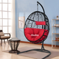 Hindoro Rattan Wicker Wrought Iron Hanging Hammock Single Seater Egg Swing Chair with Stand & Cushion || Outdoor/Indoor/Balcony/Garden/Patio/Living Outdoor Furniture (Black With Red)
