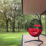 Hindoro Rattan Wicker Wrought Iron Hanging Hammock Single Seater Egg Swing Chair with Stand & Cushion || Outdoor/Indoor/Balcony/Garden/Patio/Living Outdoor Furniture (Black With Red)