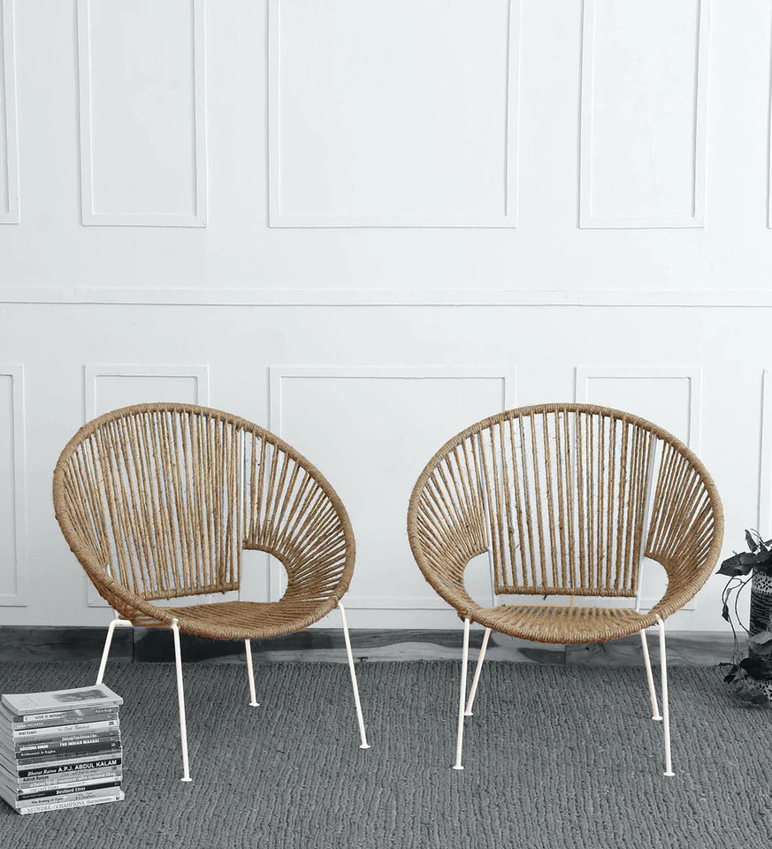 Hindoro Rope and Metal Outdoor Chair In White & Natural Finish (Set Of 2)