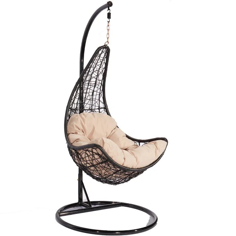Hindoro Outdoor Balcony Spoon Swing Chair with Stand and Cushion (Black With Beige)