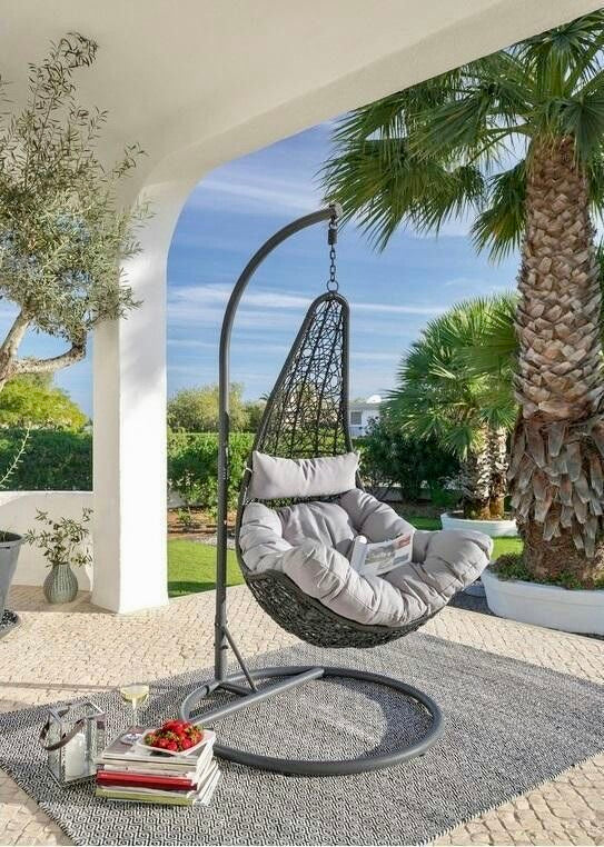 Hindoro Outdoor Balcony Spoon Swing Chair with Stand and Cushion (Black With Grey)