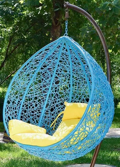 Hindoro Outdoor Balcony Swing Chair with Stand and Cushion (Blue With Yellow)