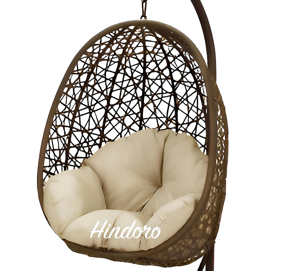 Hindoro Rattan Wicker Wrought Iron Hanging Hammock Single Seater Egg Swing Chair with Stand & Cushion || Outdoor/Indoor/Balcony/Garden/Patio/Living Outdoor Furniture (Dark Brown)
