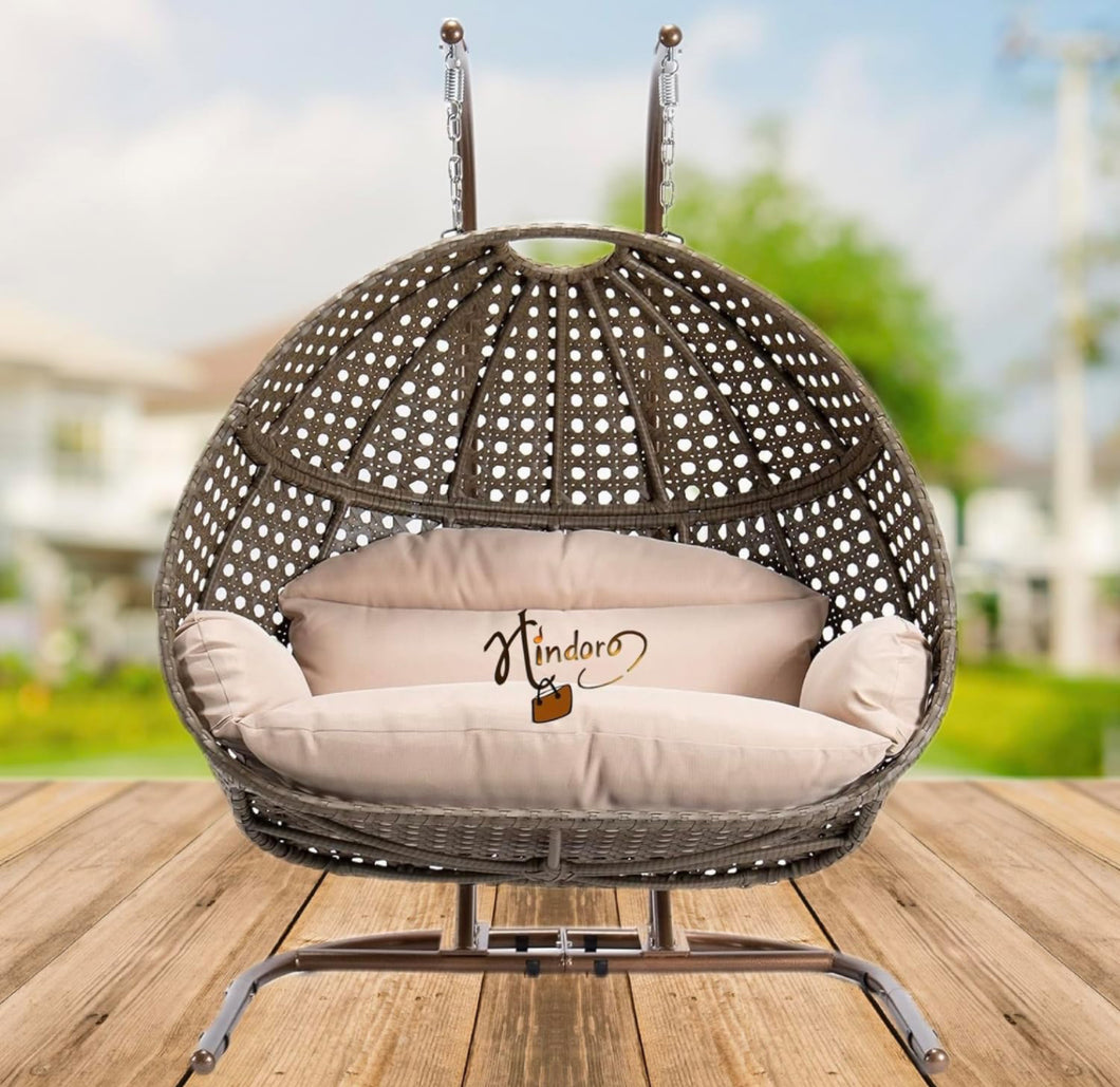 Hindoro Outdoor Furniture Double Seater Hanging Swing (Dark Brown with U stand)