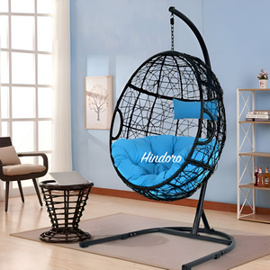 Hindoro Rattan Wicker Wrought Iron Hanging Hammock Single Seater Egg Swing Chair with Stand & Cushion || Outdoor/Indoor/Balcony/Garden/Patio/Living Outdoor Furniture (Black With Blue)