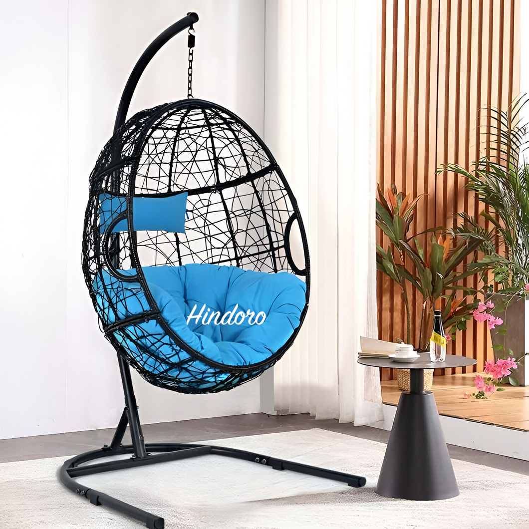 Hindoro Rattan Wicker Wrought Iron Hanging Hammock Single Seater Egg Swing Chair with Stand & Cushion || Outdoor/Indoor/Balcony/Garden/Patio/Living Outdoor Furniture (Black With Blue)