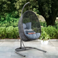 Hindoro Rattan Wicker Wrought Iron Hanging Hammock Single Seater Egg Swing Chair with Stand & Cushion || Outdoor/Indoor/Balcony/Garden/Patio/Living Outdoor Furniture (Black With Grey)