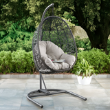 Hindoro Rattan Wicker Wrought Iron Hanging Hammock Single Seater Egg Swing Chair with Stand & Cushion || Outdoor/Indoor/Balcony/Garden/Patio/Living Outdoor Furniture (Black With Beige)