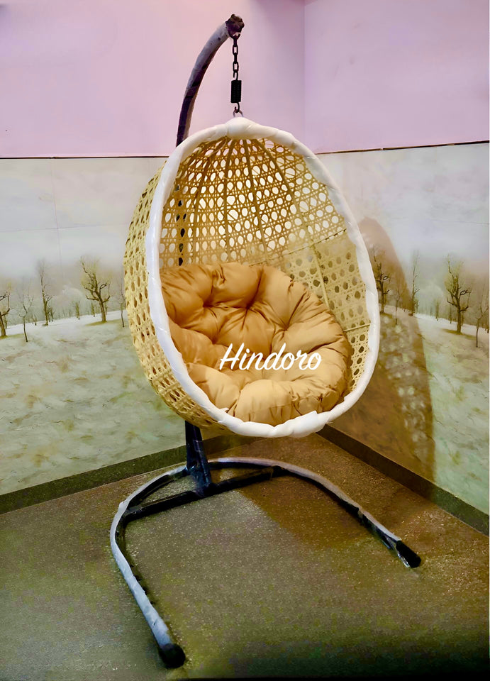 Hindoro Rattan Wicker Wrought Iron Hanging Hammock Single Seater Egg Swing Chair with Stand & Cushion || Outdoor/Indoor/Balcony/Garden/Patio/Living Outdoor Furniture (Beige)