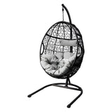 Hindoro Rattan Wicker Wrought Iron Hanging Hammock Single Seater Egg Swing Chair with Stand & Cushion || Outdoor/Indoor/Balcony/Garden/Patio/Living Outdoor Furniture (Black Grey)