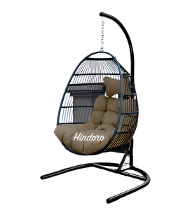 Hindoro Rattan Wicker Wrought Iron Hanging Hammock Single Seater Egg Swing Chair with Stand & Cushion || Outdoor/Indoor/Balcony/Garden/Patio/Living Outdoor Furniture (Black)