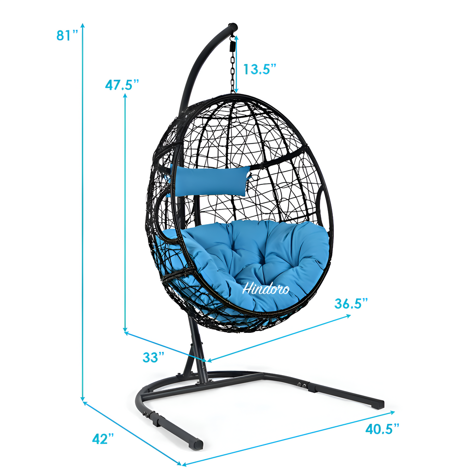 Hindoro Rattan Wicker Wrought Iron Hanging Hammock Single Seater Egg Swing Chair with Stand & Cushion || Outdoor/Indoor/Balcony/Garden/Patio/Living Outdoor Furniture (Black With Blue)