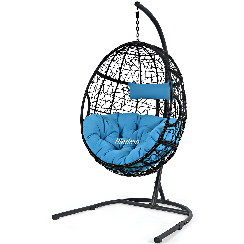 Hindoro Rattan Wicker Wrought Iron Hanging Hammock Single Seater Egg Swing Chair with Stand & Cushion || Outdoor/Indoor/Balcony/Garden/Patio/Living Outdoor Furniture (Black With Blue)
