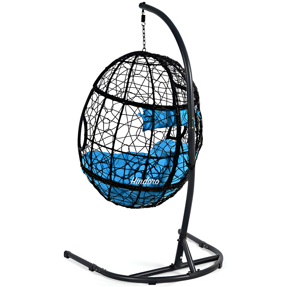 Hindoro Rattan Wicker Wrought Iron Hanging Hammock Single Seater Egg Swing Chair with Stand & Cushion || Outdoor/Indoor/Balcony/Garden/Patio/Living Outdoor Furniture (Black With Blue)