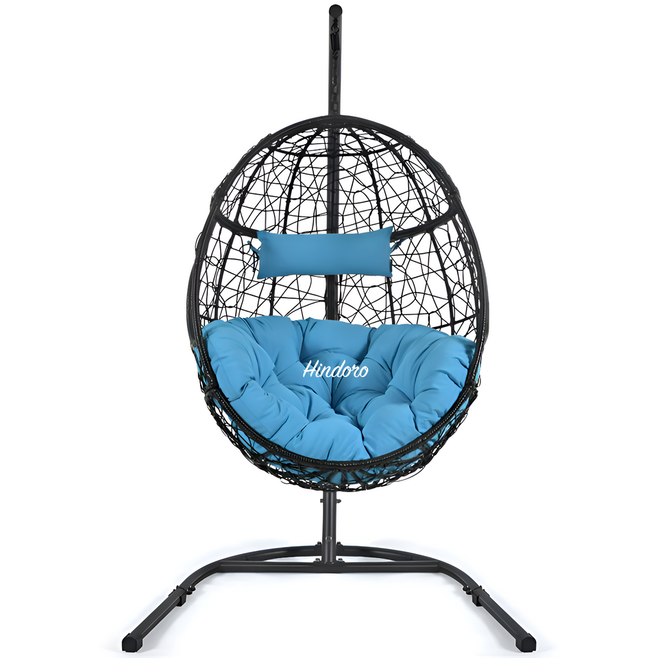 Hindoro Rattan Wicker Wrought Iron Hanging Hammock Single Seater Egg Swing Chair with Stand & Cushion || Outdoor/Indoor/Balcony/Garden/Patio/Living Outdoor Furniture (Black With Blue)