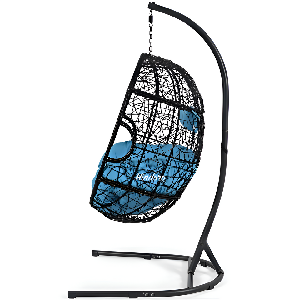 Hindoro Rattan Wicker Wrought Iron Hanging Hammock Single Seater Egg Swing Chair with Stand & Cushion || Outdoor/Indoor/Balcony/Garden/Patio/Living Outdoor Furniture (Black With Blue)