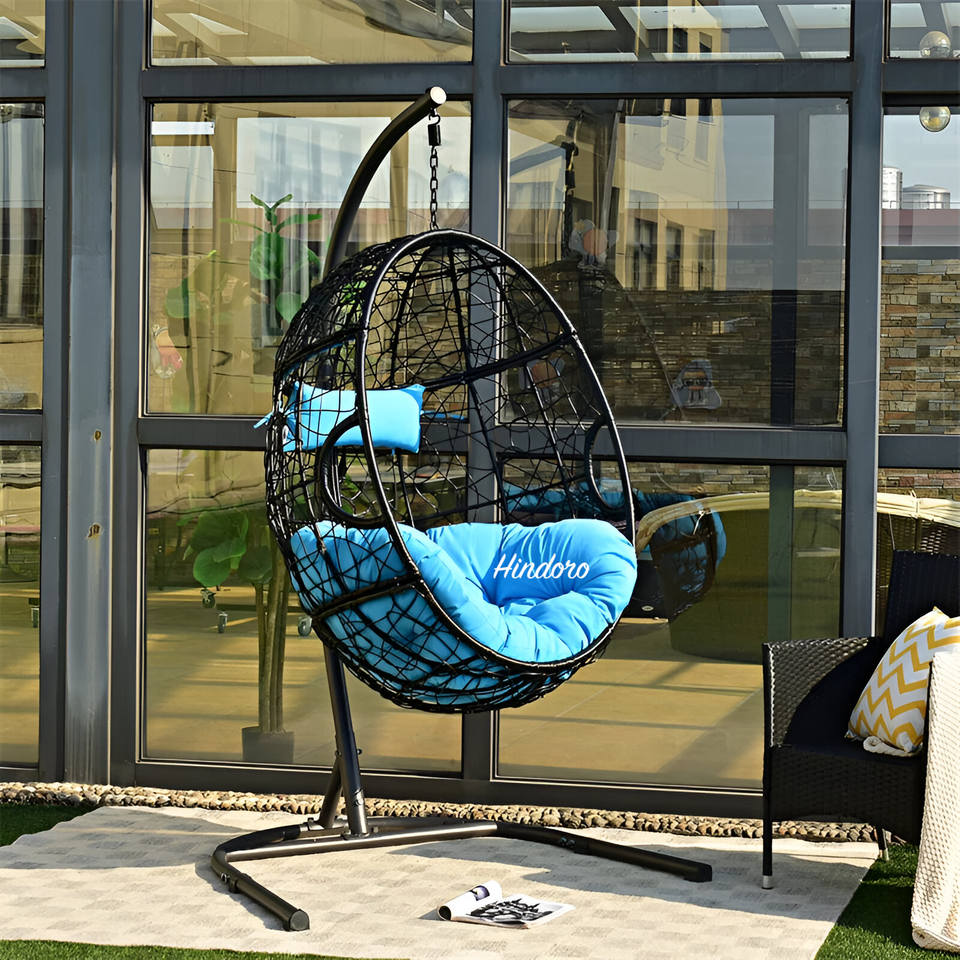 Hindoro Rattan Wicker Wrought Iron Hanging Hammock Single Seater Egg Swing Chair with Stand & Cushion || Outdoor/Indoor/Balcony/Garden/Patio/Living Outdoor Furniture (Black With Blue)