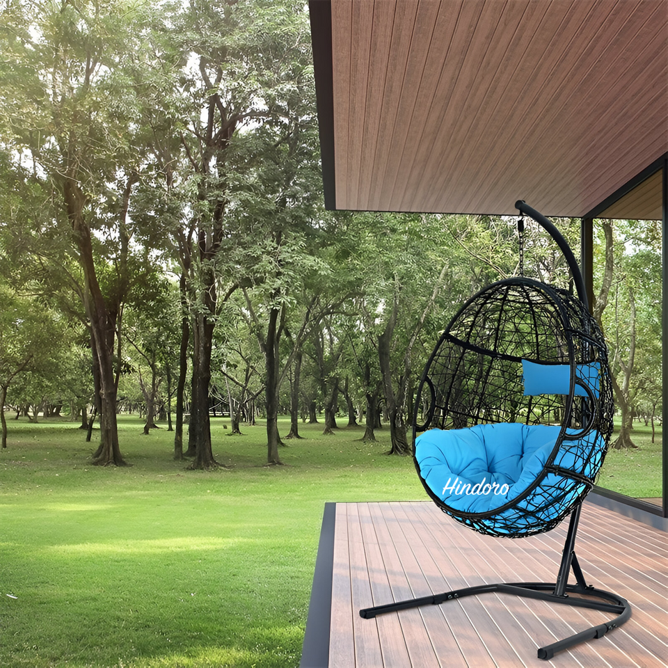 Hindoro Rattan Wicker Wrought Iron Hanging Hammock Single Seater Egg Swing Chair with Stand & Cushion || Outdoor/Indoor/Balcony/Garden/Patio/Living Outdoor Furniture (Black With Blue)