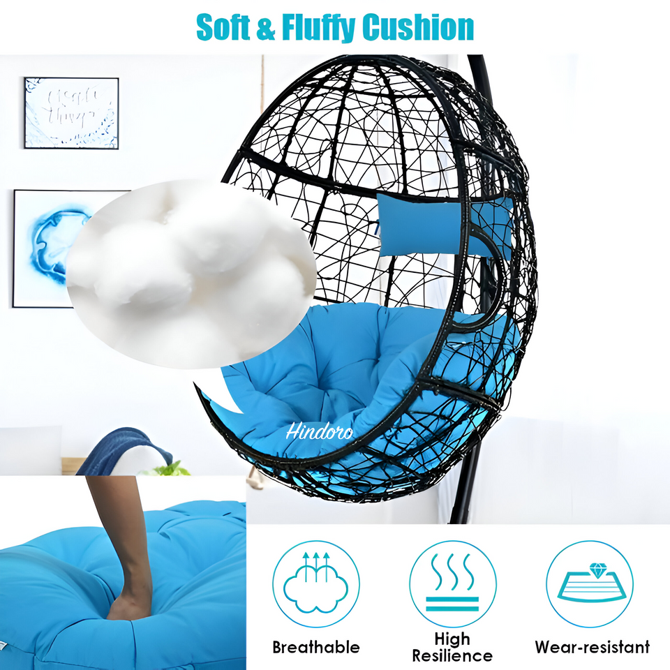 Hindoro Rattan Wicker Wrought Iron Hanging Hammock Single Seater Egg Swing Chair with Stand & Cushion || Outdoor/Indoor/Balcony/Garden/Patio/Living Outdoor Furniture (Black With Blue)
