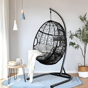 Hindoro Rattan Wicker Wrought Iron Hanging Hammock Single Seater Egg Swing Chair with Stand & Cushion || Outdoor/Indoor/Balcony/Garden/Patio/Living Outdoor Furniture (Black Grey)