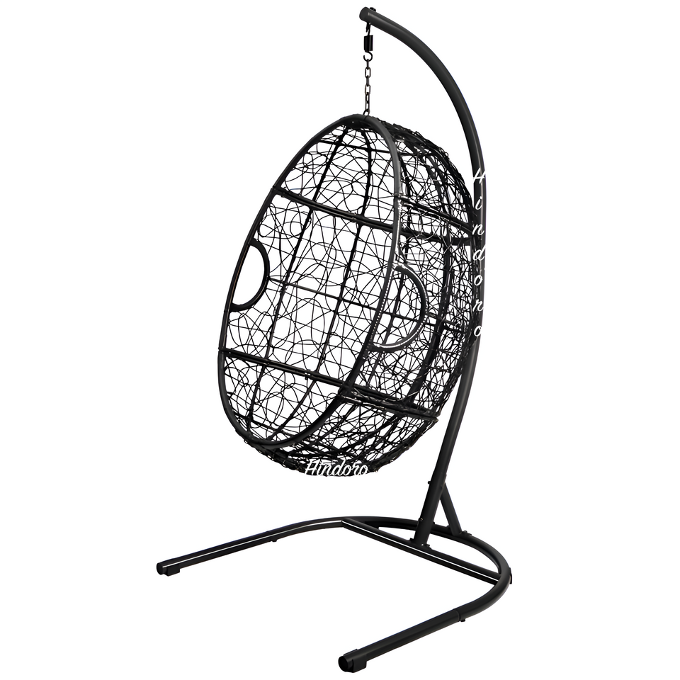 Hindoro Rattan Wicker Wrought Iron Hanging Hammock Single Seater Egg Swing Chair with Stand & Cushion || Outdoor/Indoor/Balcony/Garden/Patio/Living Outdoor Furniture (Black With Blue)