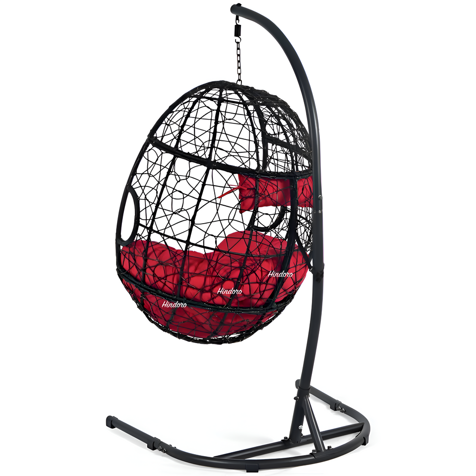 Hindoro Rattan Wicker Wrought Iron Hanging Hammock Single Seater Egg Swing Chair with Stand & Cushion || Outdoor/Indoor/Balcony/Garden/Patio/Living Outdoor Furniture (Black With Red)