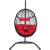 Hindoro Rattan Wicker Wrought Iron Hanging Hammock Single Seater Egg Swing Chair with Stand & Cushion || Outdoor/Indoor/Balcony/Garden/Patio/Living Outdoor Furniture (Black With Red)