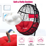 Hindoro Rattan Wicker Wrought Iron Hanging Hammock Single Seater Egg Swing Chair with Stand & Cushion || Outdoor/Indoor/Balcony/Garden/Patio/Living Outdoor Furniture (Black With Red)