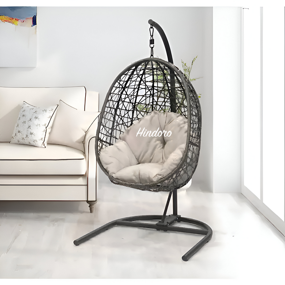 Hindoro Rattan Wicker Wrought Iron Hanging Hammock Single Seater Egg Swing Chair with Stand & Cushion || Outdoor/Indoor/Balcony/Garden/Patio/Living Outdoor Furniture (Black With Beige)