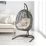 Hindoro Rattan Wicker Wrought Iron Hanging Hammock Single Seater Egg Swing Chair with Stand & Cushion || Outdoor/Indoor/Balcony/Garden/Patio/Living Outdoor Furniture (Black With Beige)