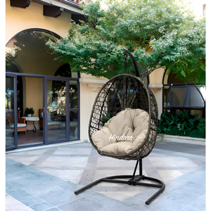 Hindoro Rattan Wicker Wrought Iron Hanging Hammock Single Seater Egg Swing Chair with Stand & Cushion || Outdoor/Indoor/Balcony/Garden/Patio/Living Outdoor Furniture (Black With Beige)