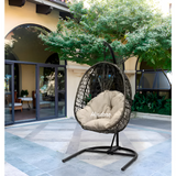Hindoro Rattan Wicker Wrought Iron Hanging Hammock Single Seater Egg Swing Chair with Stand & Cushion || Outdoor/Indoor/Balcony/Garden/Patio/Living Outdoor Furniture (Black With Beige)