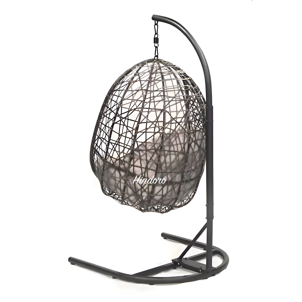 Hindoro Rattan Wicker Wrought Iron Hanging Hammock Single Seater Egg Swing Chair with Stand & Cushion || Outdoor/Indoor/Balcony/Garden/Patio/Living Outdoor Furniture (Black With Beige)