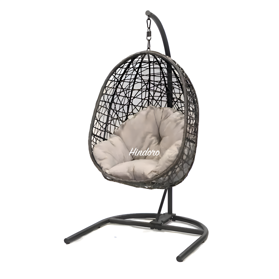 Hindoro Rattan Wicker Wrought Iron Hanging Hammock Single Seater Egg Swing Chair with Stand & Cushion || Outdoor/Indoor/Balcony/Garden/Patio/Living Outdoor Furniture (Black With Beige)