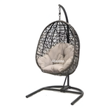 Hindoro Rattan Wicker Wrought Iron Hanging Hammock Single Seater Egg Swing Chair with Stand & Cushion || Outdoor/Indoor/Balcony/Garden/Patio/Living Outdoor Furniture (Black With Beige)