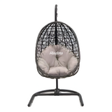 Hindoro Rattan Wicker Wrought Iron Hanging Hammock Single Seater Egg Swing Chair with Stand & Cushion || Outdoor/Indoor/Balcony/Garden/Patio/Living Outdoor Furniture (Black With Beige)