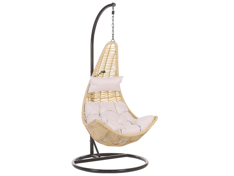 Hindoro Rattan Wicker Wrought Iron Hanging Hammock Single Seater Spoon Swing Chair with Stand & Cushion || Outdoor/Indoor/Balcony/Garden/Patio/Living Outdoor Furniture (Beige)