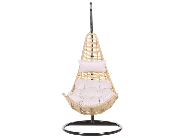 Hindoro Rattan Wicker Wrought Iron Hanging Hammock Single Seater Spoon Swing Chair with Stand & Cushion || Outdoor/Indoor/Balcony/Garden/Patio/Living Outdoor Furniture (Beige)