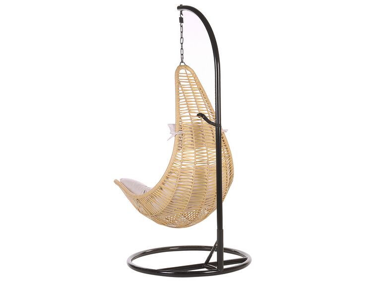 Hindoro Rattan Wicker Wrought Iron Hanging Hammock Single Seater Spoon Swing Chair with Stand & Cushion || Outdoor/Indoor/Balcony/Garden/Patio/Living Outdoor Furniture (Beige)