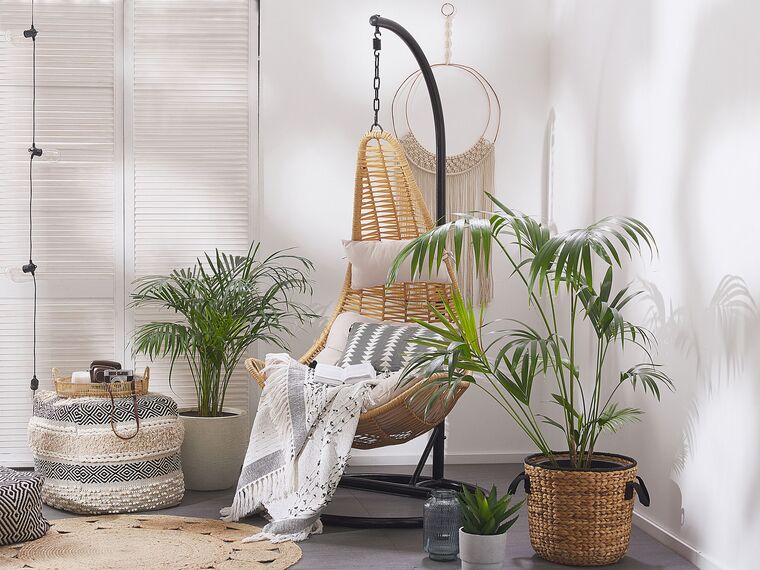 Hindoro Rattan Wicker Wrought Iron Hanging Hammock Single Seater Spoon Swing Chair with Stand & Cushion || Outdoor/Indoor/Balcony/Garden/Patio/Living Outdoor Furniture (Beige)