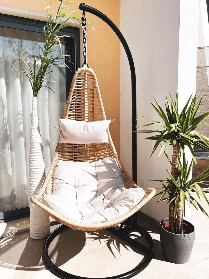 Hindoro Rattan Wicker Wrought Iron Hanging Hammock Single Seater Spoon Swing Chair with Stand & Cushion || Outdoor/Indoor/Balcony/Garden/Patio/Living Outdoor Furniture (Beige)