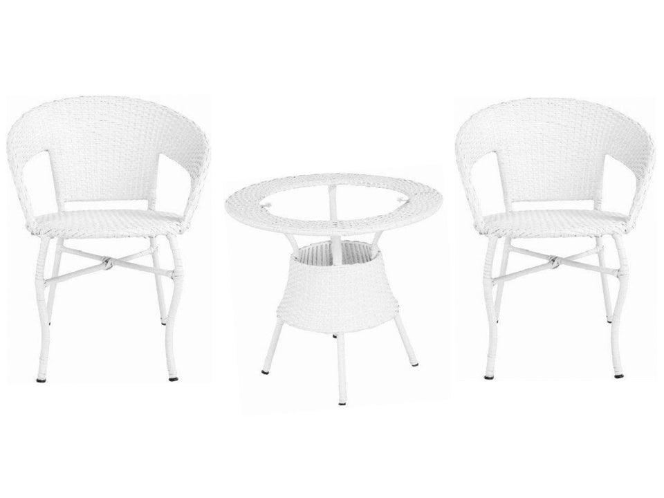 Hindoro Outdoor Garden Patio Seating 2 Chairs and 1 Table Set with Glass Balcony Furniture (White)