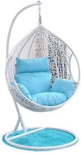 Hindoro Single Seater Hanging Swing With Stand For Balcony Garden Swing, White With Blue Cushion