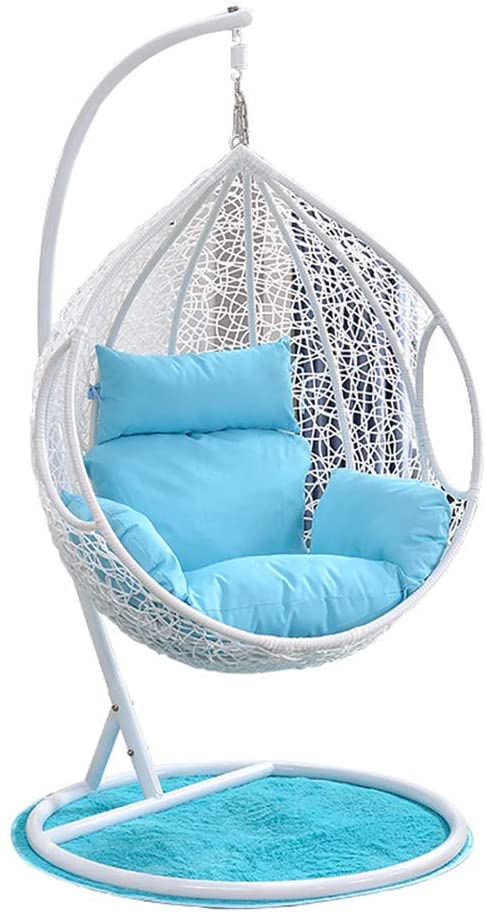 Hindoro Single Seater Hanging Swing With Stand For Balcony Garden Swing, White With Blue Cushion