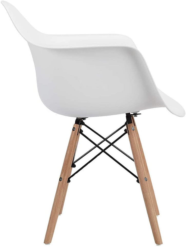 Hindoro Natural Wood Legs Modern DSW Molded Shell Lounge Plastic Arm Chair for Living, Bedroom, Kitchen, Dining, Waiting Room (White)