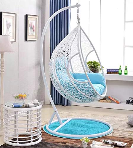 Hindoro Single Seater Hanging Swing With Stand For Balcony Garden Swing, White With Blue Cushion